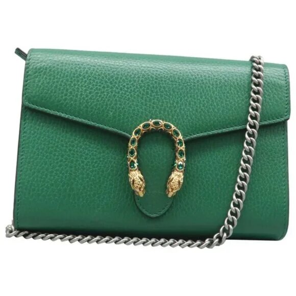 100% Authentic GUCCI Dionysus Chain Wallet Green Leather Shoulder Bag - Picture 1 of 12